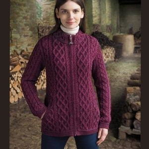 NWT Aran Crafts Ireland Short Plated 100% Merino Wool Sweater Coat -M